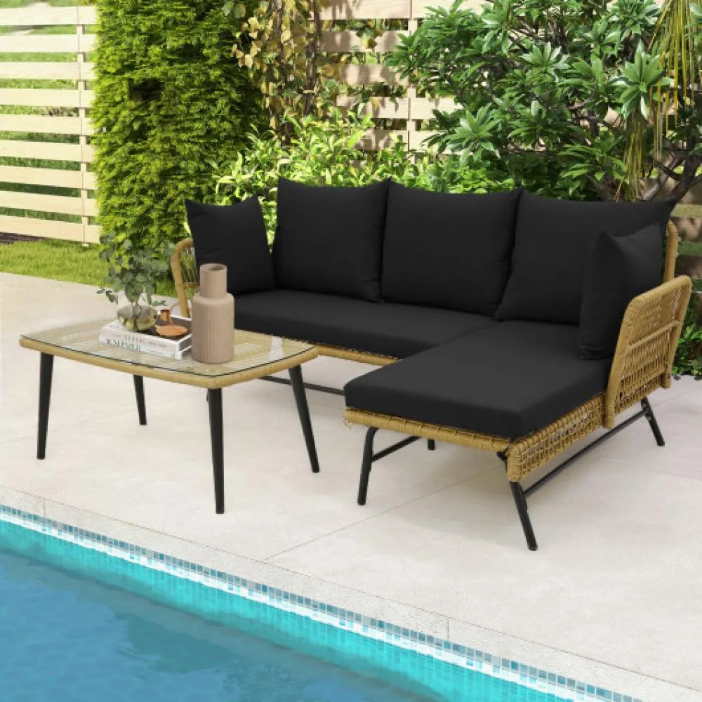 3 Pieces L-Shaped Patio Sofa with Cushions and Tempered Glass Table-Black