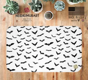 Bats Print Halloween Bath Mat, Black White Flying Bats Designer Bath Rug-Made in USA