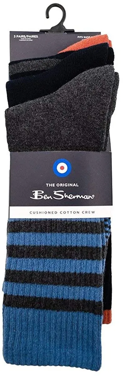 Ben Sherman Menâ€™s 3-Pack Casual Cushioned Over the Calf Ribbed Socks - Natural Cotton Blend