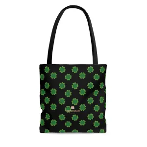 Black Green Clover Print Tote Bag, St. Patrick's Day Irish Style Square Bag- Made in USA