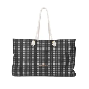 Black Plaid Weekender Bag, Dark Tartan Print Oversized 24"x13" Large Tote Bag-Made in USA