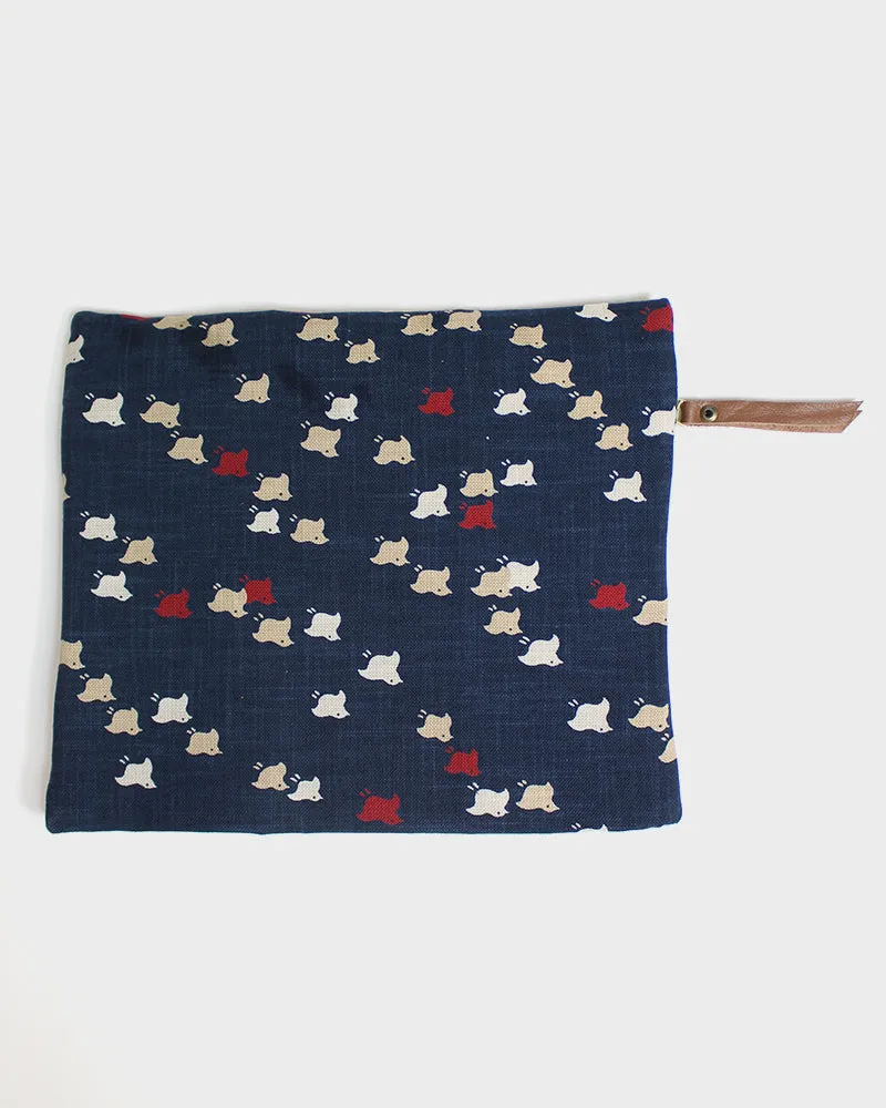 Flat Medium Zipper Pouch, Indigo, Red, White and Tan, Chidori